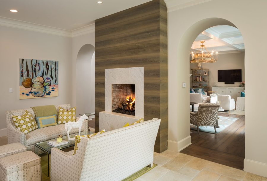 Fireplace in a small white living room