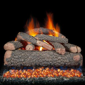 Large gas vented log set with fire going and embers