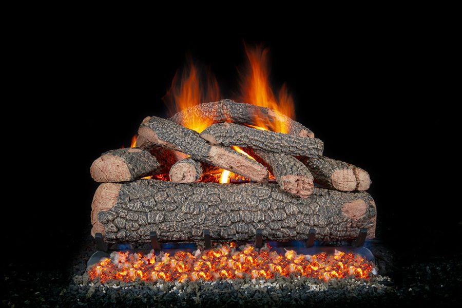 Large gas vented log set with fire going and embers