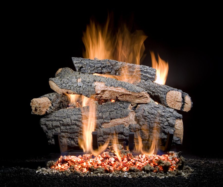 Large gas vented log set with fire going