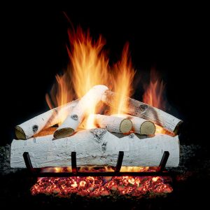 Birch wood fireplace set with fire