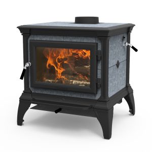 Small wood stove with a fire going