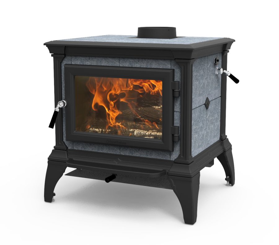 Small wood stove with a fire going