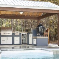 Outdoor kitchen next to a pool