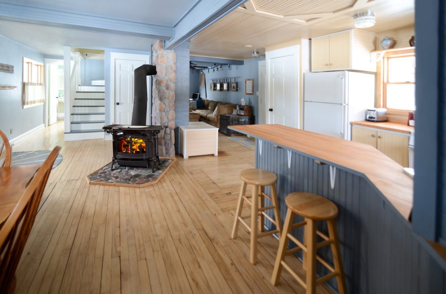 Wood stove in a large living room