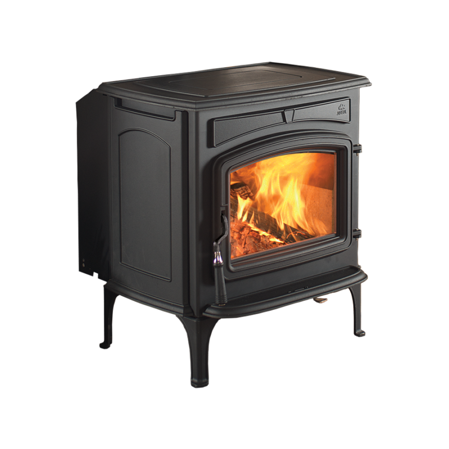 Small black wood fireplace with a warm fire going