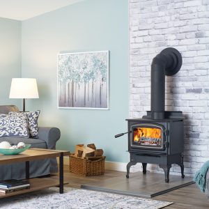 Small woodstove in a small living room with elegant furniture and a painting on the wall