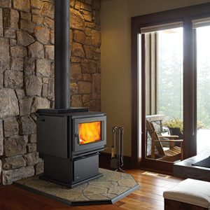 Black wood stove against a stove wall with a glass door behind it