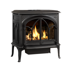 Picture of a black gas stove with a fire going