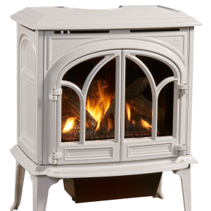 White gas stove with fire going