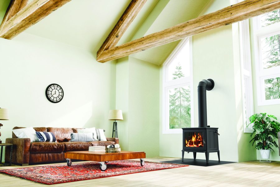 Black wood stove in a green room with large windows and some plants and furniture