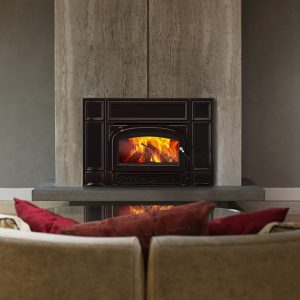 Wood fireplace insert in a modern living room with nice furniture