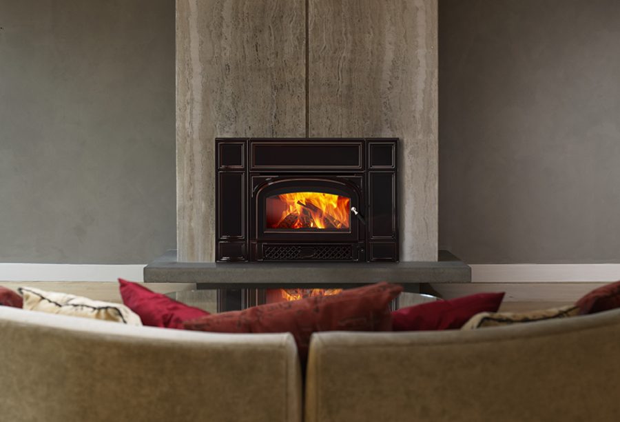 Wood fireplace insert in a modern living room with nice furniture