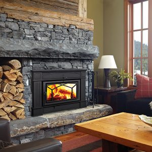 Black wood fireplace insert with a glass door behind it in a living room