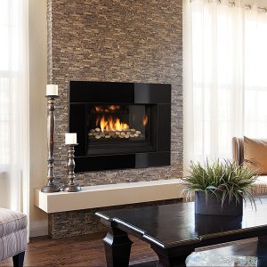 Large gas fireplace insert with two large windows on both sides in a luxury dining room