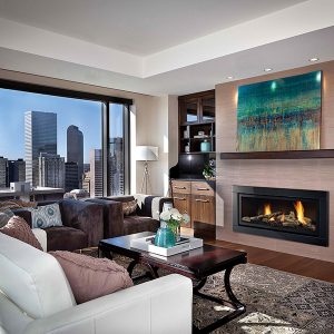 Contemporary gas insert in a modern apartment with a large window overlooking the city