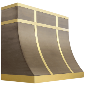 Industrial black range hood with gold trim