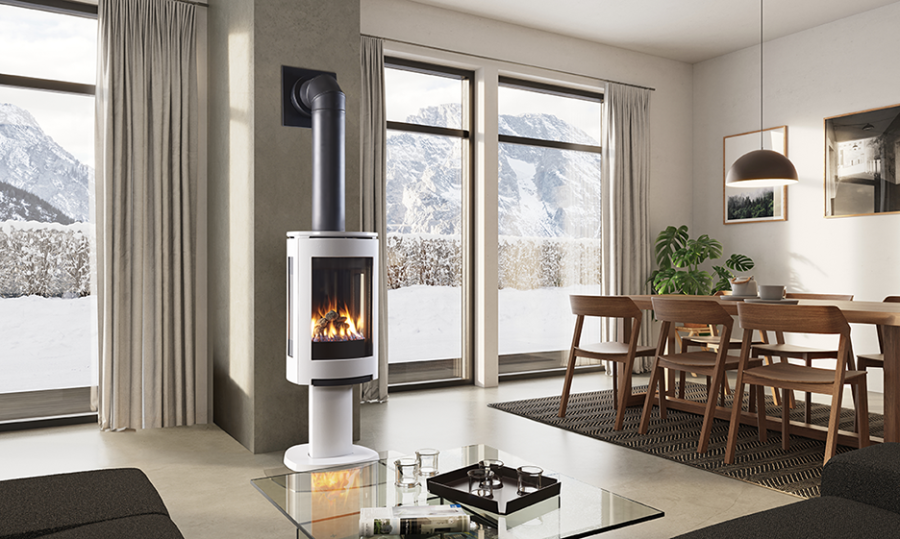 White gas stove in a room with two windows and a sitting area with wood seats