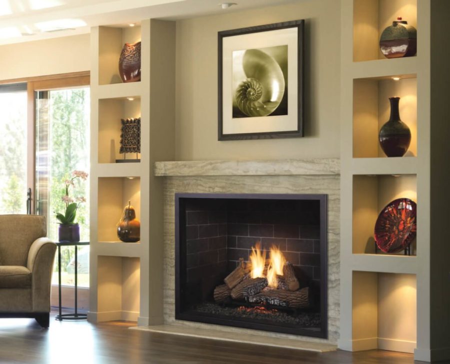 Fireplace with stone shelves around it and a painting hung above it