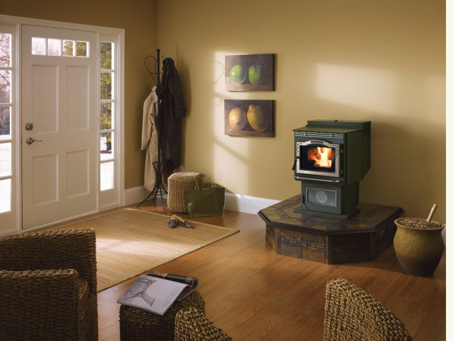 Pellet stove in a living room in a small house