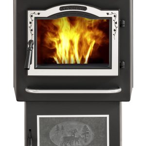 Close up silhouette image of a black pellet stove with silver trim