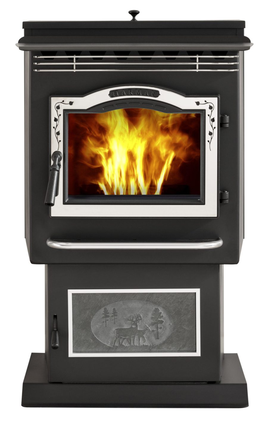 Close up silhouette image of a black pellet stove with silver trim