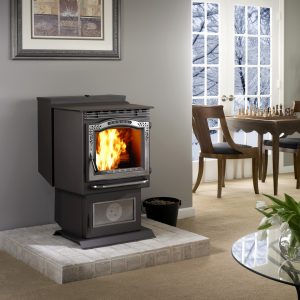 Small pellet stove with a dining room behind it