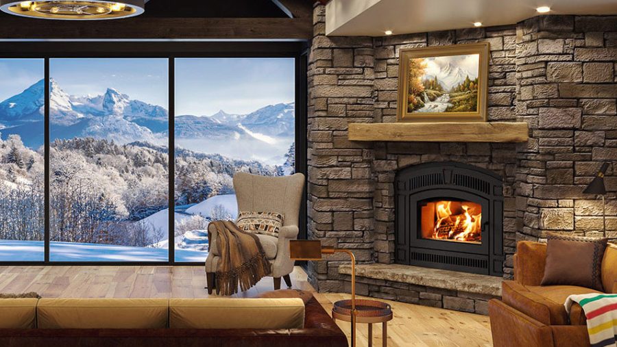 Wood fireplace insert in a home with large glass doors showing mountains in the background