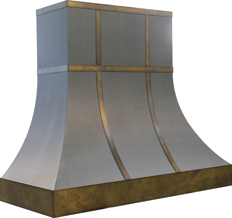 Antique grey range hood with aged brass trim