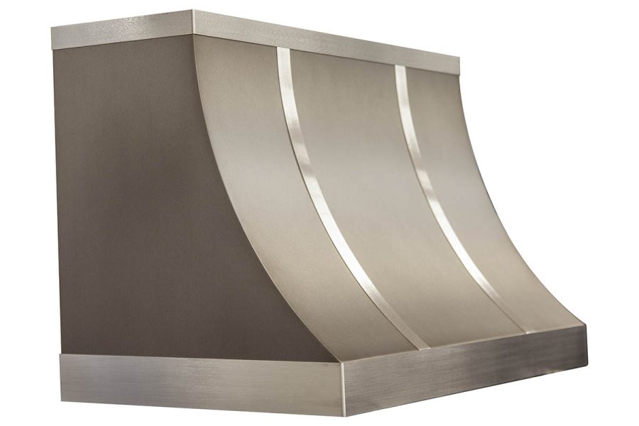 Antique grey range hood with silver trim