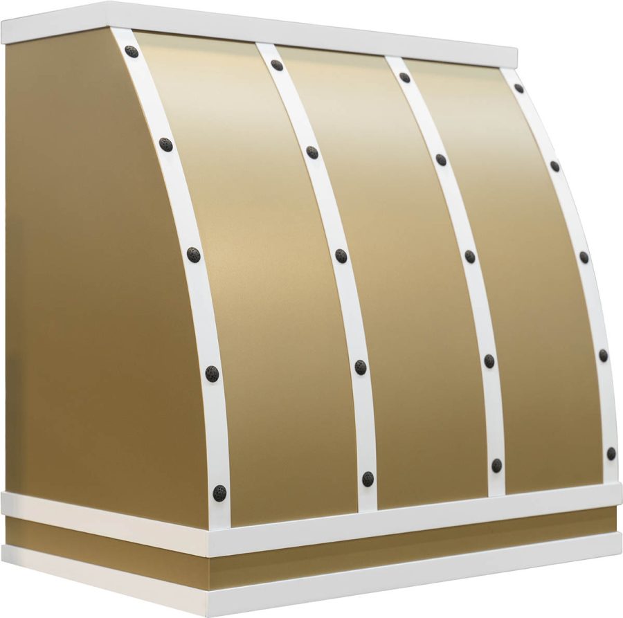 Satin gold range hood with white trim