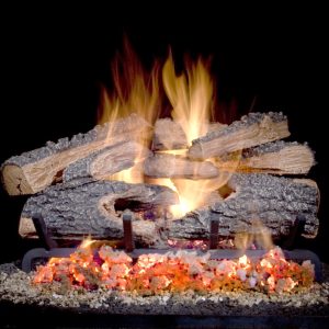 Gas vented log set with embers and a flame going