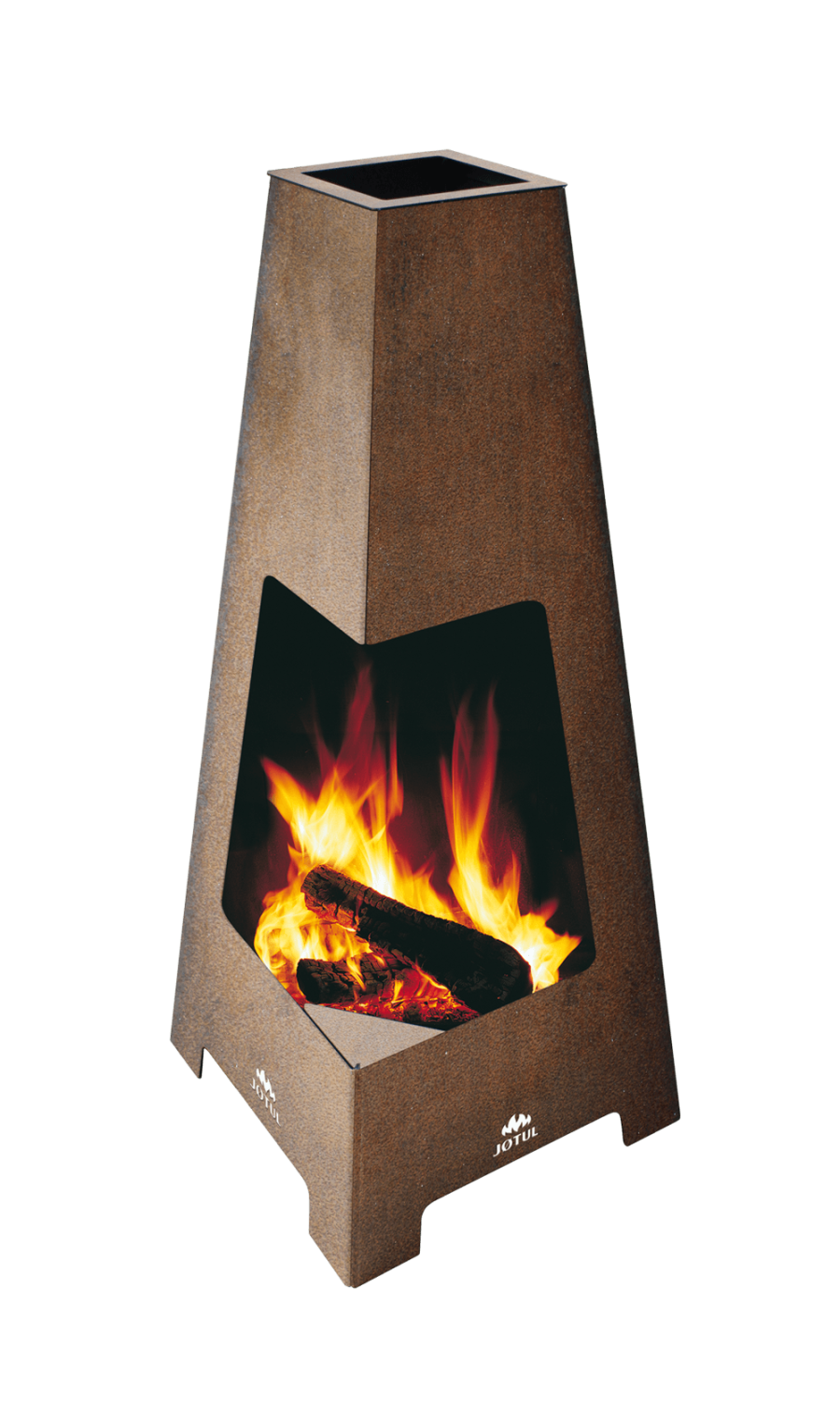 Silhouette of a outdoor wood fireplace in the shape of a tall pyramid