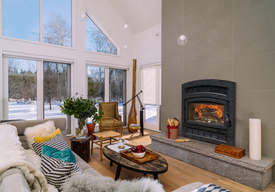 Fireplace insert in a living room with large windows and some modern furniture