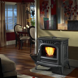 Blac pellet stove in fancy room with a dining room in the background