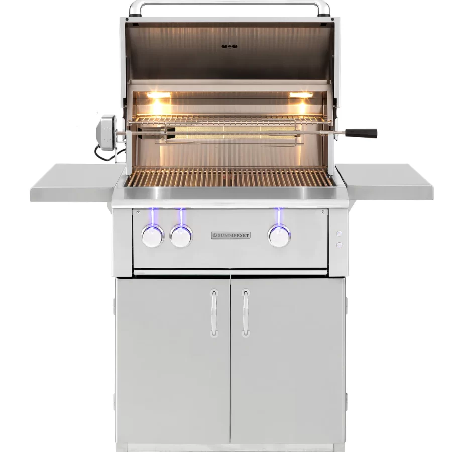 Front silhouette picture of a grill with the top open showing the inside