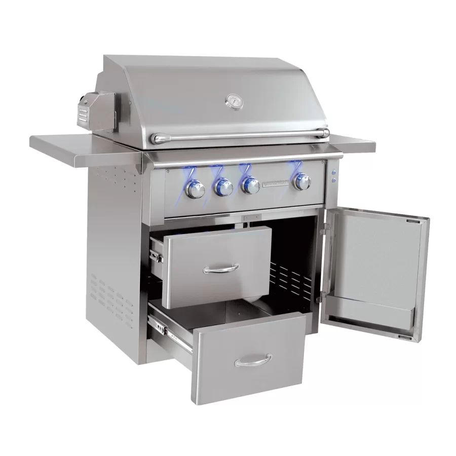 Angle silhouette picture of a luxury grill with the draws and bottom open