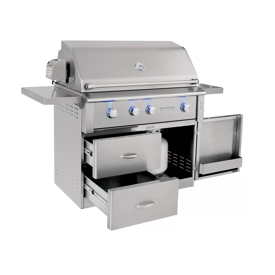 Large freestanding stainless steel grill with the bottom open and the drawers open