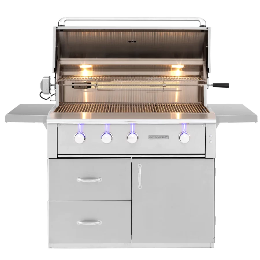 Large stainless steel grill with the top open pictured from the front