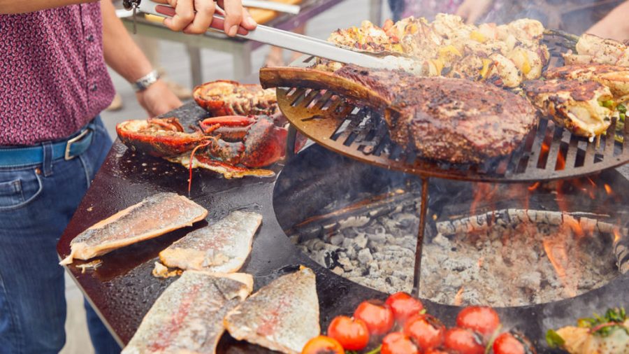 Close up of food on outdoor grill firepit