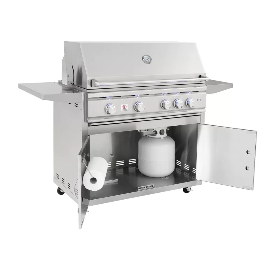 Freestanding stainless steel grill with the bottom draws open