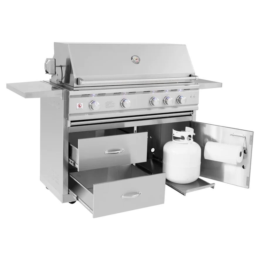 Stainless steel grill with draws open