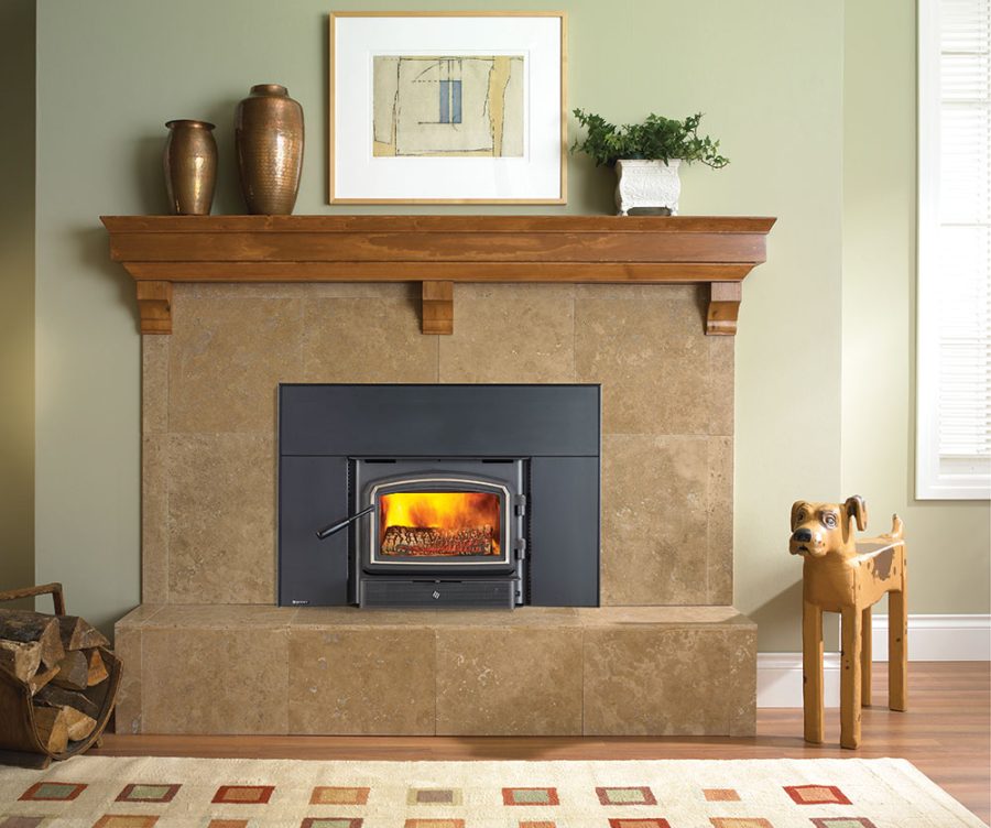 Wood Fireplace insert with a stone surround and a mantle with some pots and plants