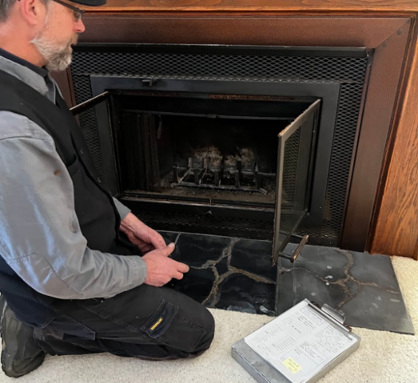 Chimney technician sitting in front of a fireplace