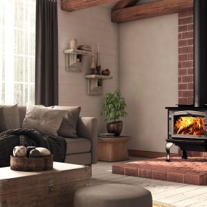 Small black fireplace in a living room with a windows brick chimney and couch