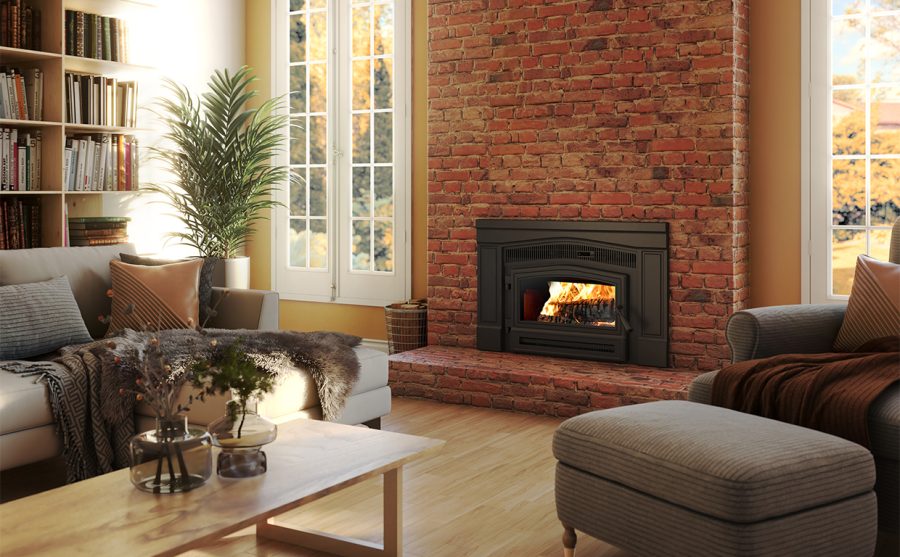 Wood stove inset with a brick surround with windows on either side and a bookshelf with seating