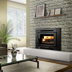 Wood fireplace insert in a living room with a plant, table, windows and sliding glass door