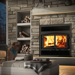 Wood fireplace in a cozy home with a fire going with a stone surround