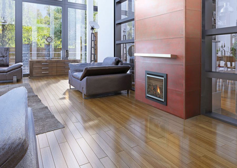 Red steel surround on a fire place in a living room with large windows and shiny wood floor