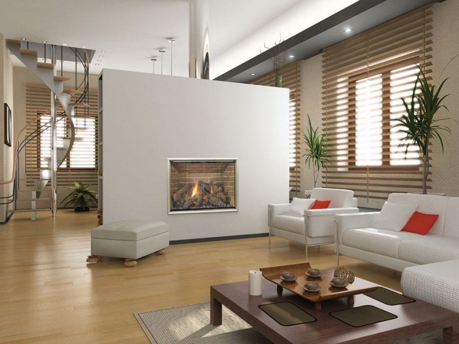 Large living room with a wall going through the middle with a fireplace embedded in it